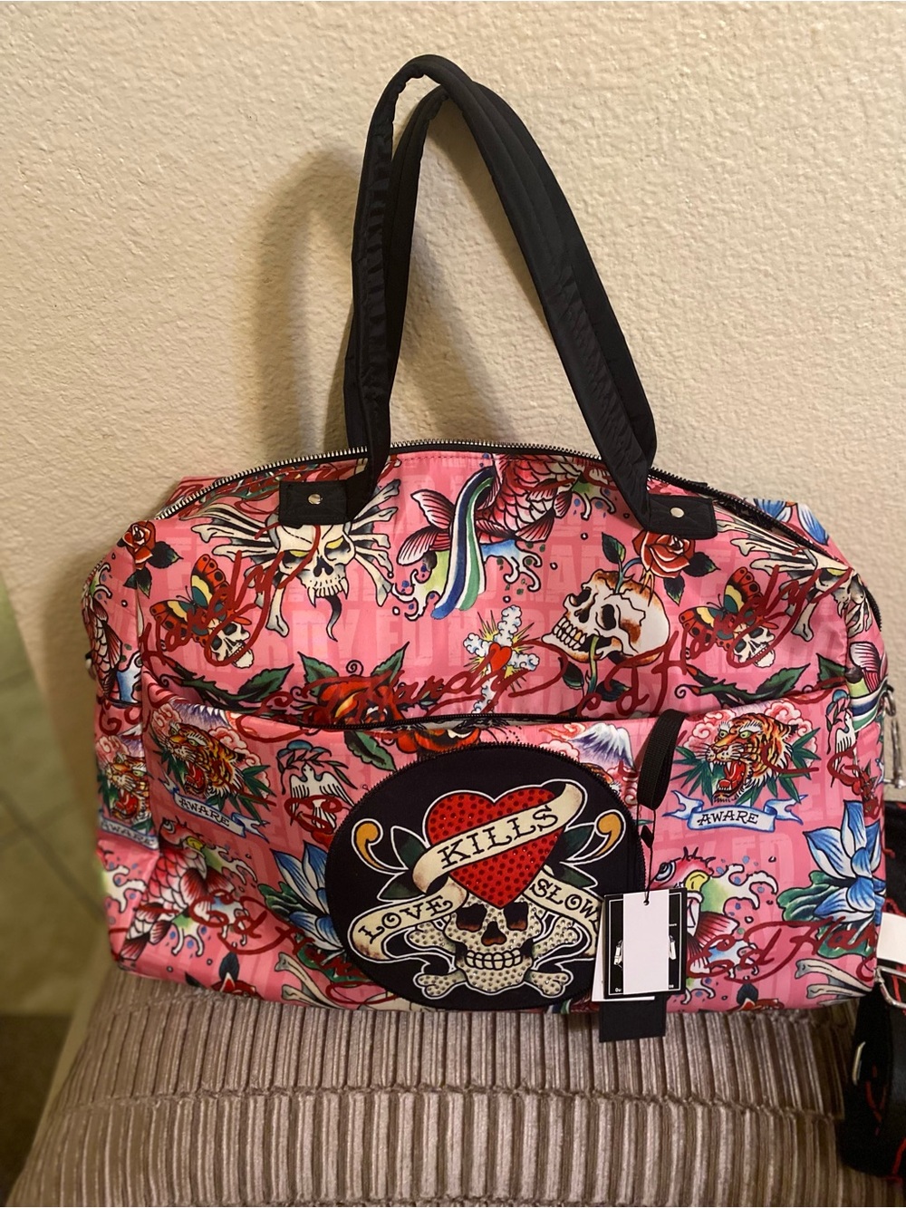 Ed Hardy Pink Tattoo-Print Weekender Bag with Black Handles